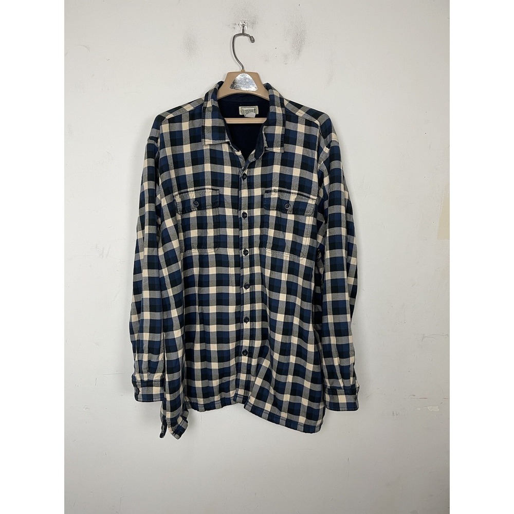 LL Bean Men Shirt Jacket XXL Blue Shacket Fleece Lined Plaid Insulated Button Up